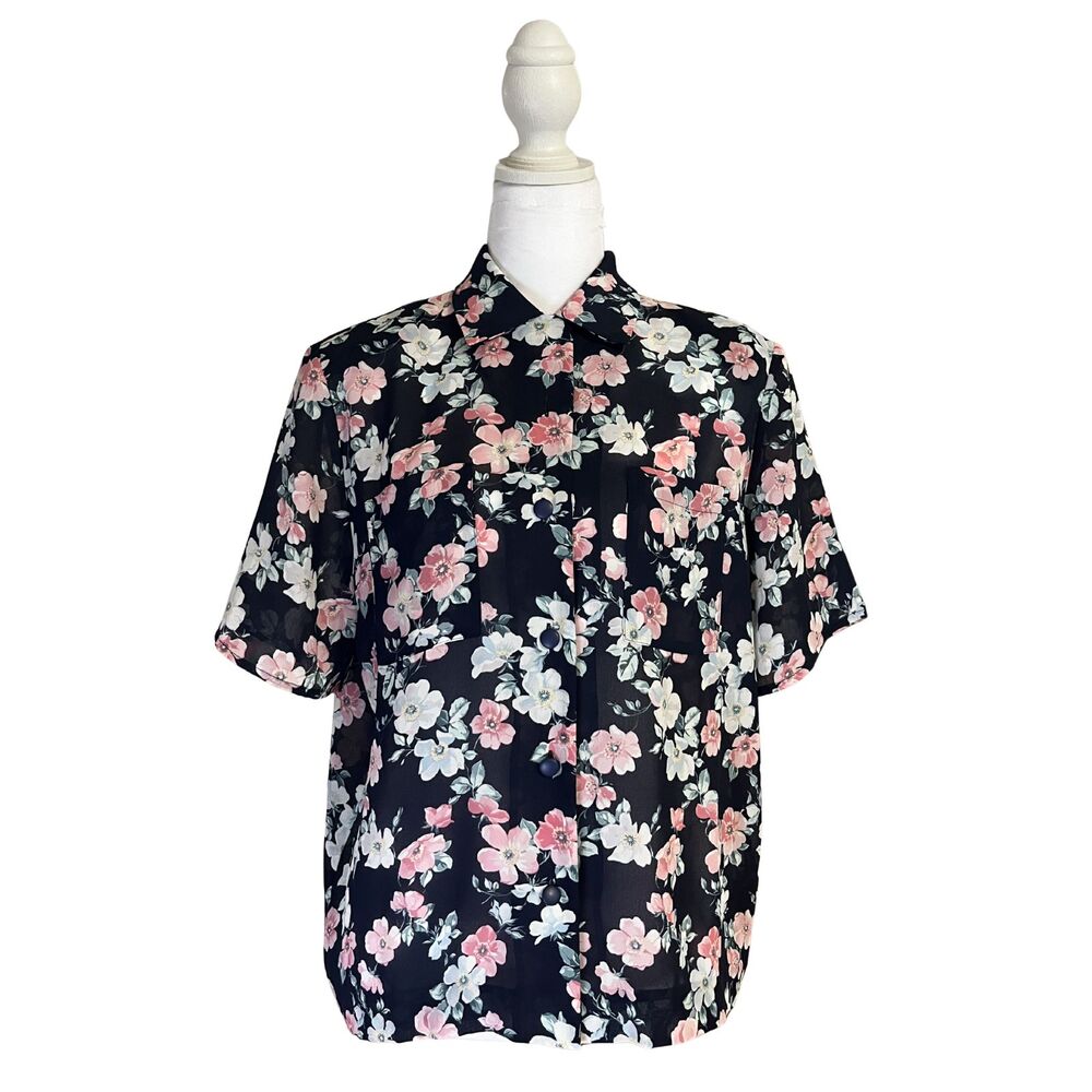 Vintage French Sheer Florals Short-Sleeve Shirt | 1970s Parisian Chic